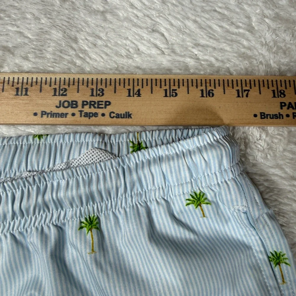 Bermies Swim Trunks Mens L Blue White Striped Palm Tree Stretch Mesh Lining